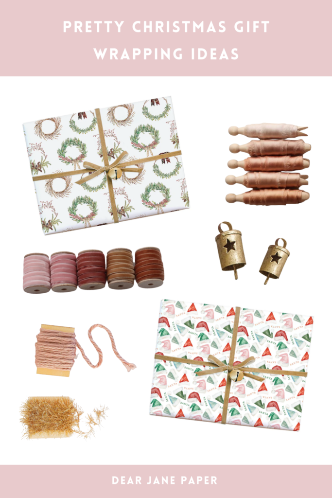 Christmas gift wrapping ideas including pretty Christmas wrapping paper, unique ribbons, and gift toppers. 